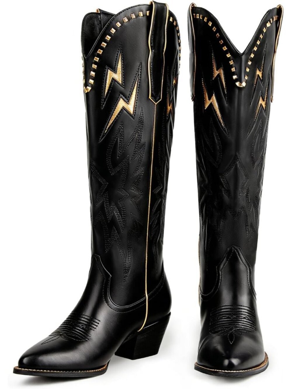 Women's Black Knee High Pull On Lightning Embroidered Pointed Toe Cowgirl Boots